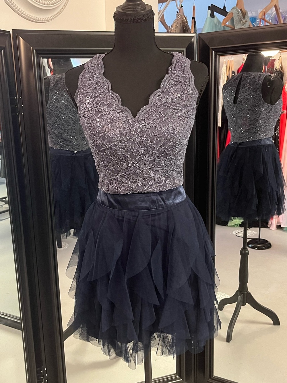 Teeze Me Dusky Blue Lace Bodice with Navy Layered Tulle Skirt 2 pc